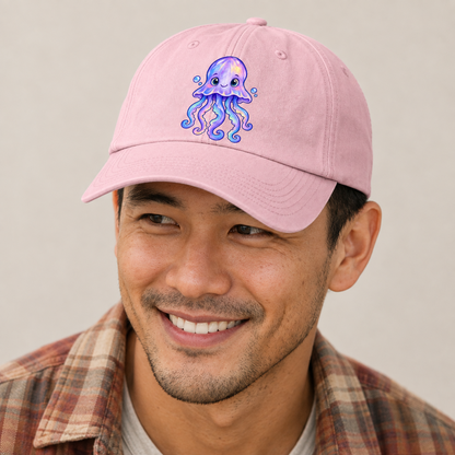 Jellyfish Front Glow Sea Sprite Baseball Cap — studio model wearing the hat