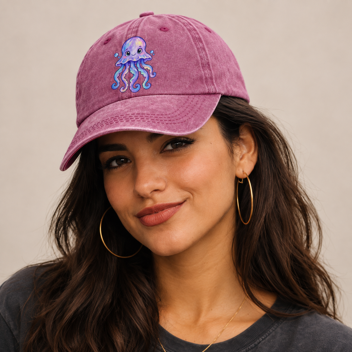 Jellyfish Front Glow Sea Sprite Classic Cap — studio model wearing the hat