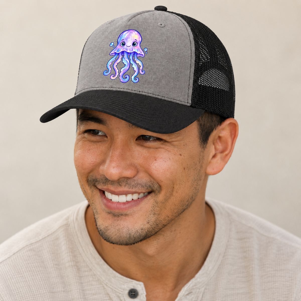 Jellyfish Front Glow Sea Sprite Trucker Hat — studio model wearing the hat