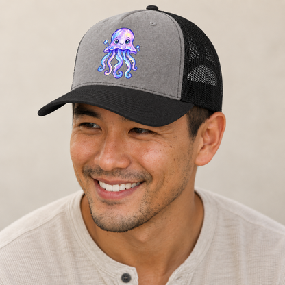 Jellyfish Front Glow Sea Sprite Trucker Hat — studio model wearing the hat