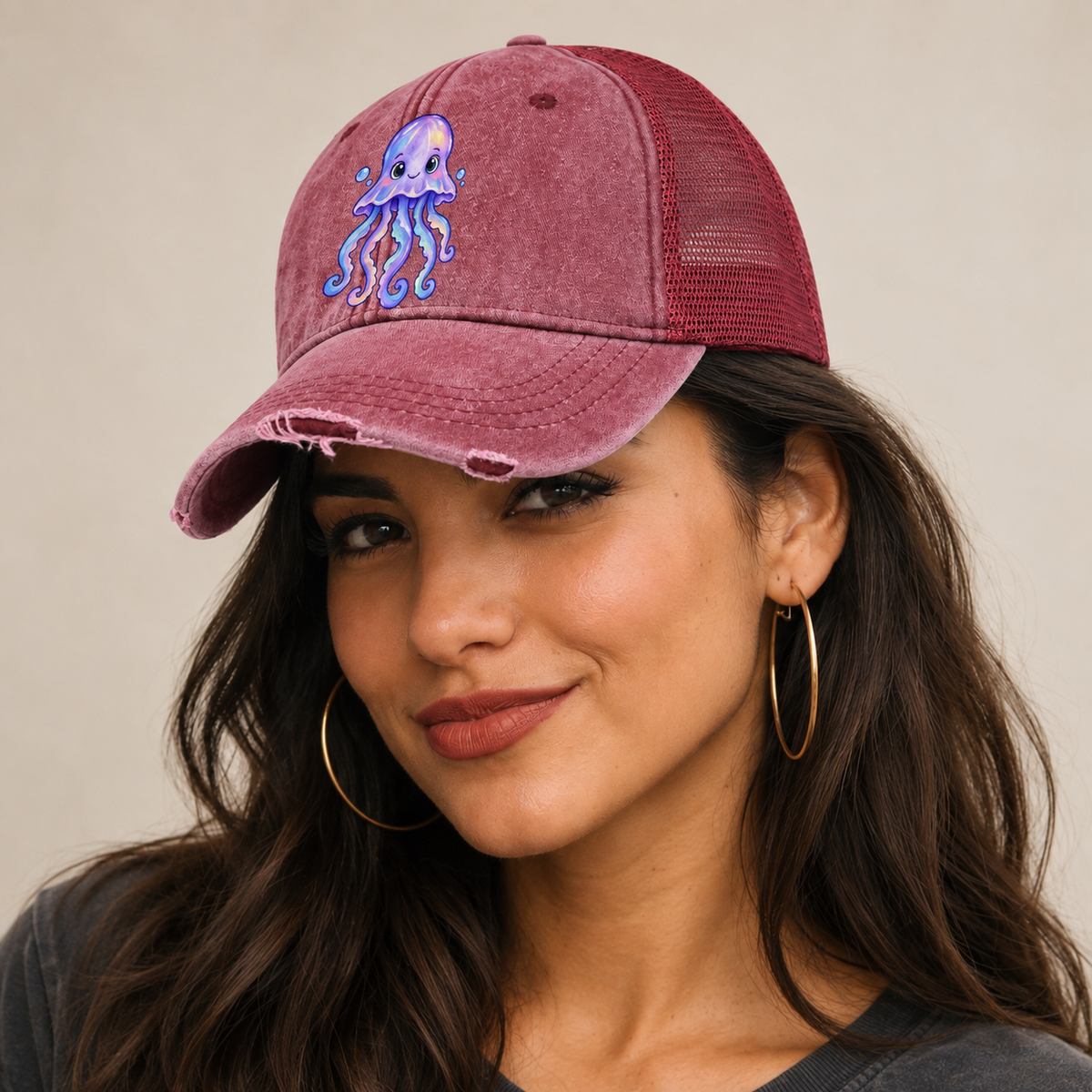 Jellyfish Front Glow Sea Sprite Washed Trucker Hat — studio model wearing the hat