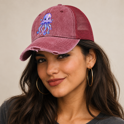 Jellyfish Front Glow Sea Sprite Washed Trucker Hat — studio model wearing the hat