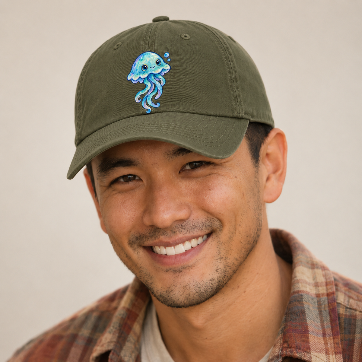 Jellyfish Upward Drift Sea Sprite Baseball Cap — studio model wearing the hat