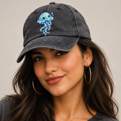 Jellyfish Upward Drift Sea Sprite Classic Cap — studio model wearing the hat