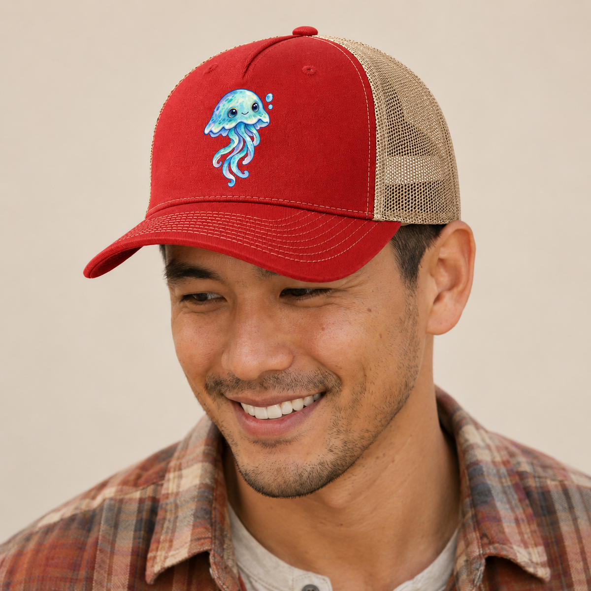 Jellyfish Upward Drift Sea Sprite Trucker Hat — studio model wearing the hat