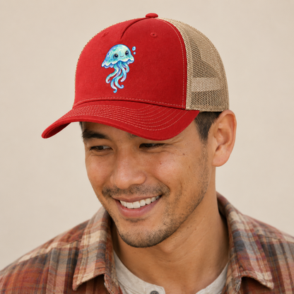 Jellyfish Upward Drift Sea Sprite Trucker Hat — studio model wearing the hat
