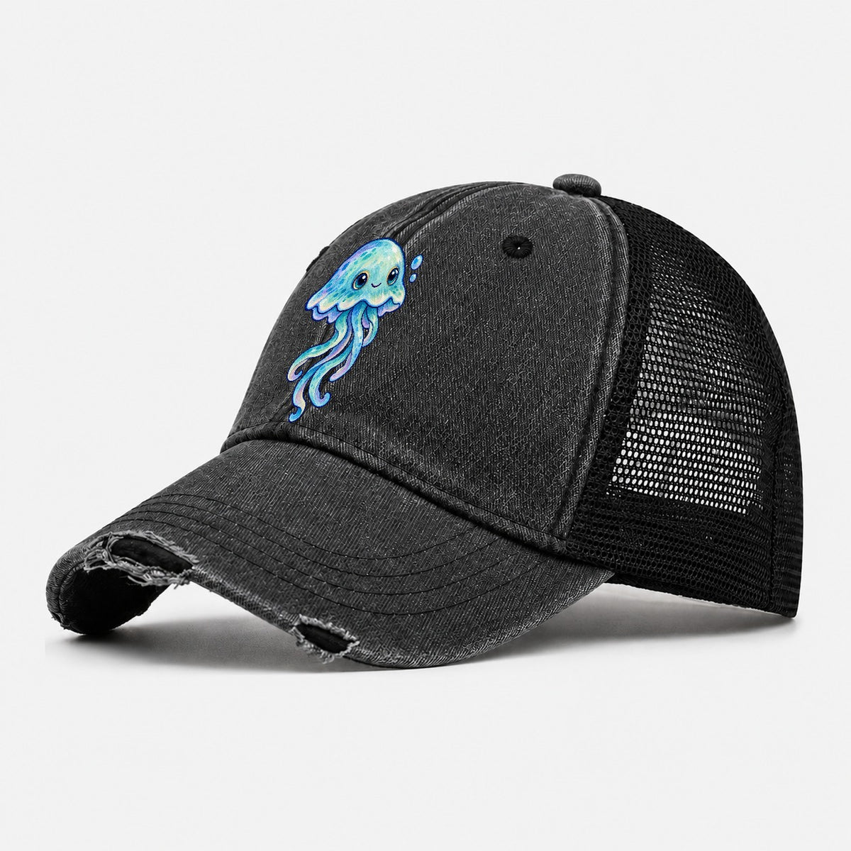 Jellyfish Upward Drift Sea Sprite Washed Trucker Hat – Black