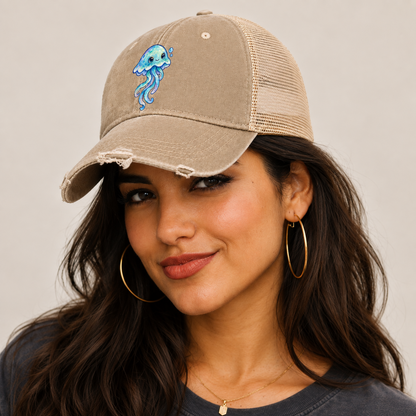 Jellyfish Upward Drift Sea Sprite Washed Trucker Hat — studio model wearing the hat