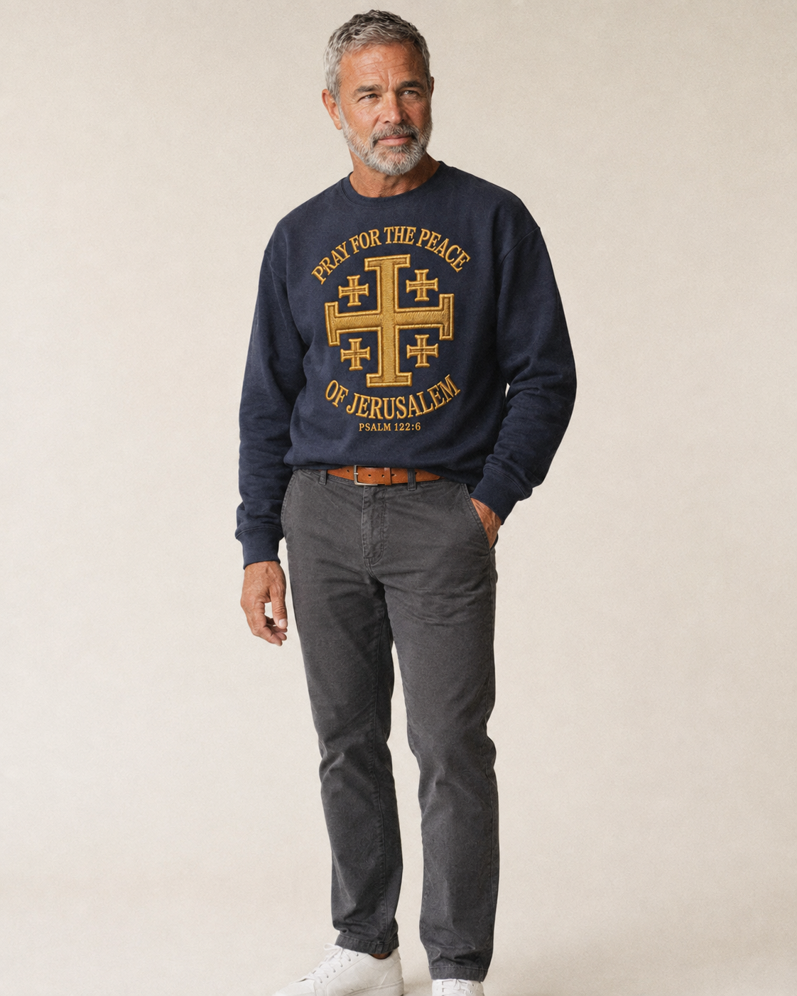 Jerusalem Cross Fleece Sweatshirt – studio model photo