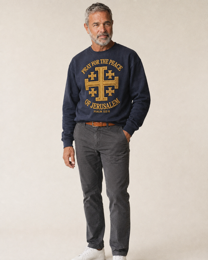 Jerusalem Cross Fleece Sweatshirt – studio model photo