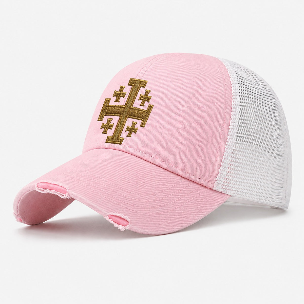 Jerusalem Cross Washed Trucker Hat – Light Pink