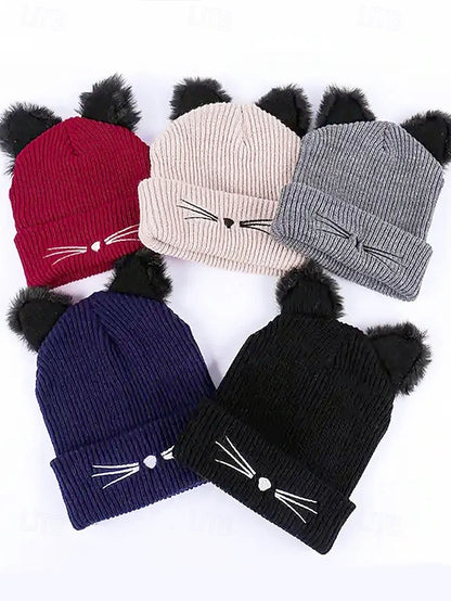 Women's Cute Cat Ear Beanie – Burgundy Knit Hat with Faux Fur Ears and Whisker Embroidery, Cozy and Stylish Winter Accessory