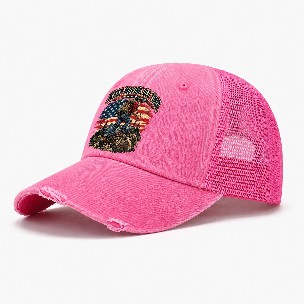 Keep Moving Old Timer Old Man Strong Washed Trucker Hat – Rose