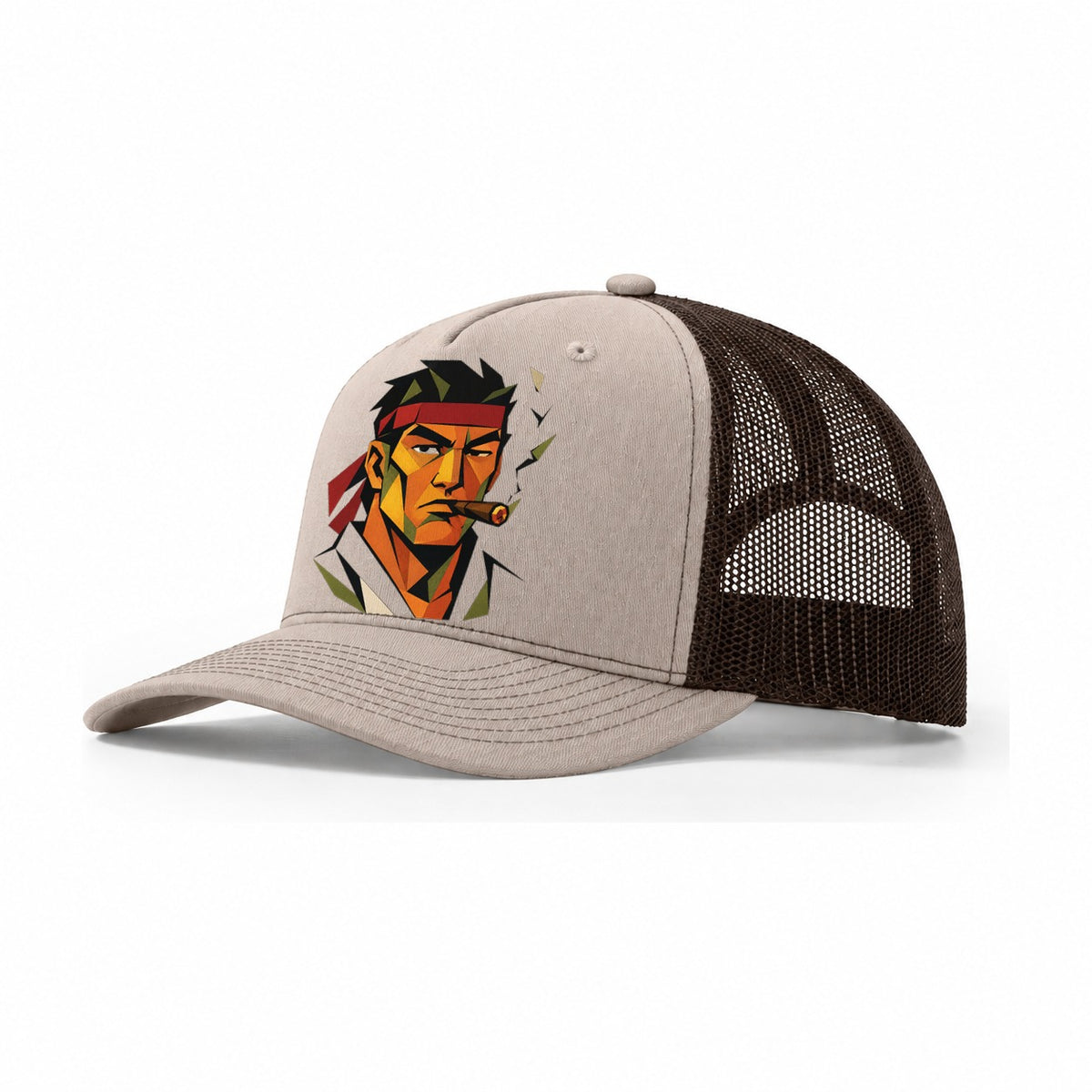 Karate Face Headband Trucker Hat – Khaki Brown