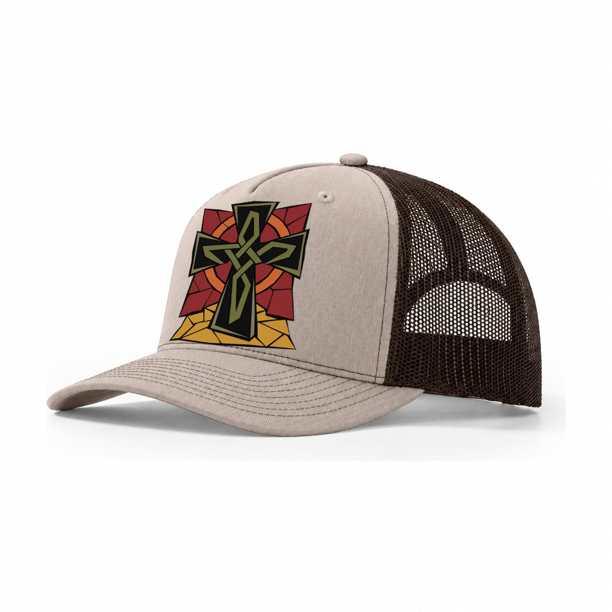 Celtic Cross Geometric Trucker Hat – Khaki Brown