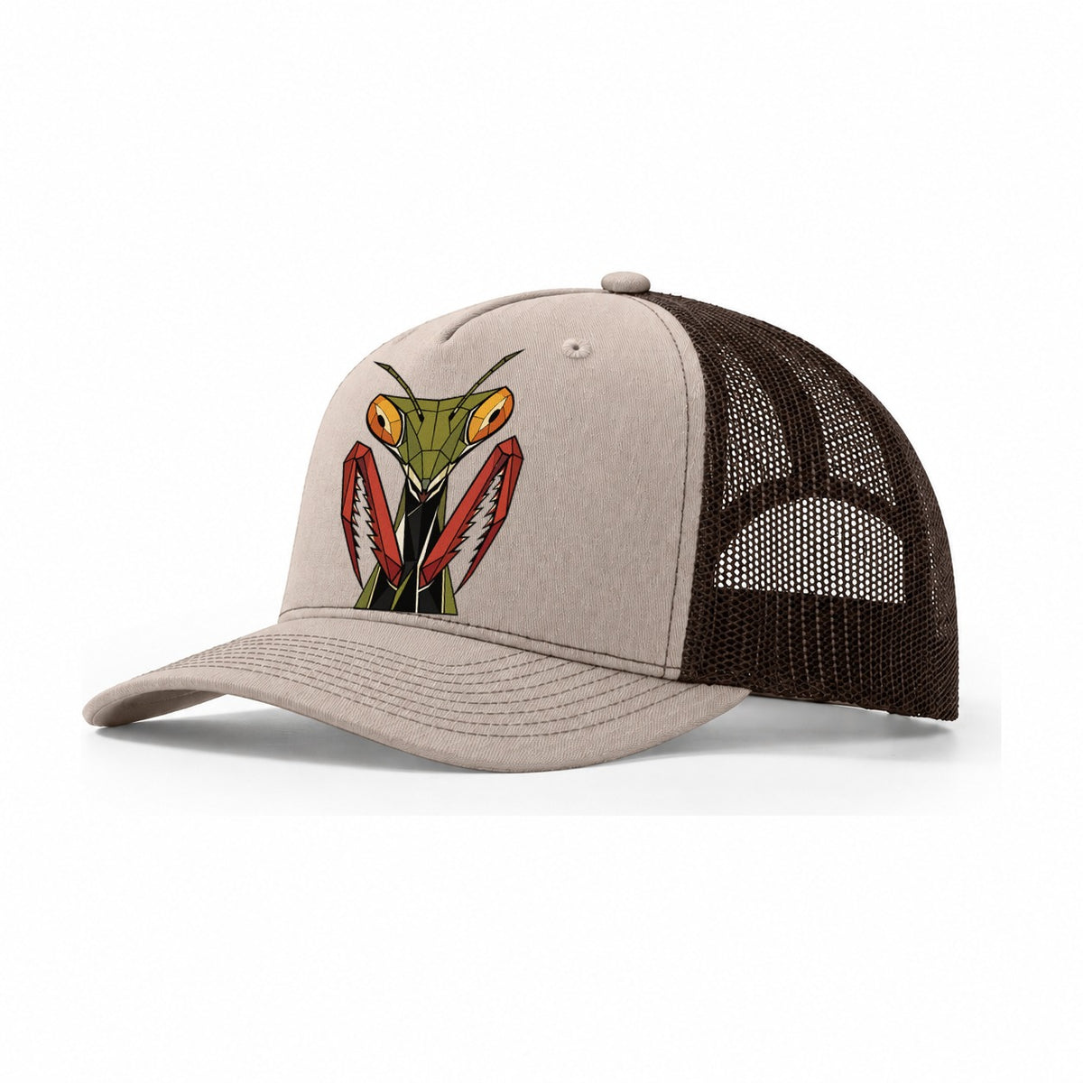 Praying Mantis Portrait Trucker Hat – Khaki Brown