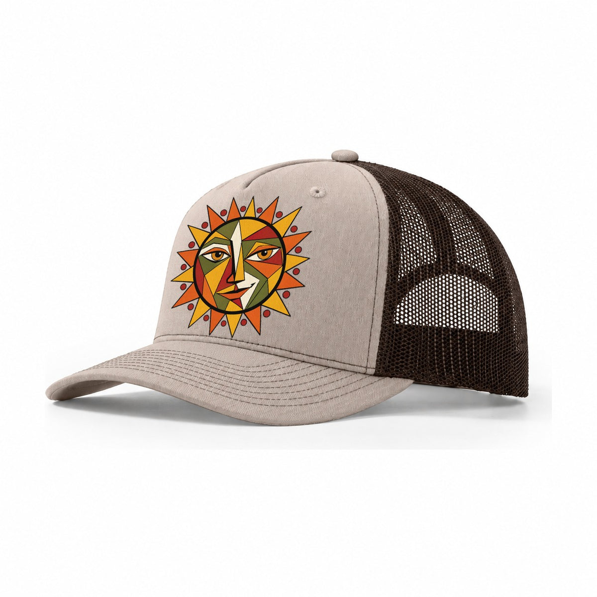 Geometric Sun Face Trucker Hat – Khaki Brown