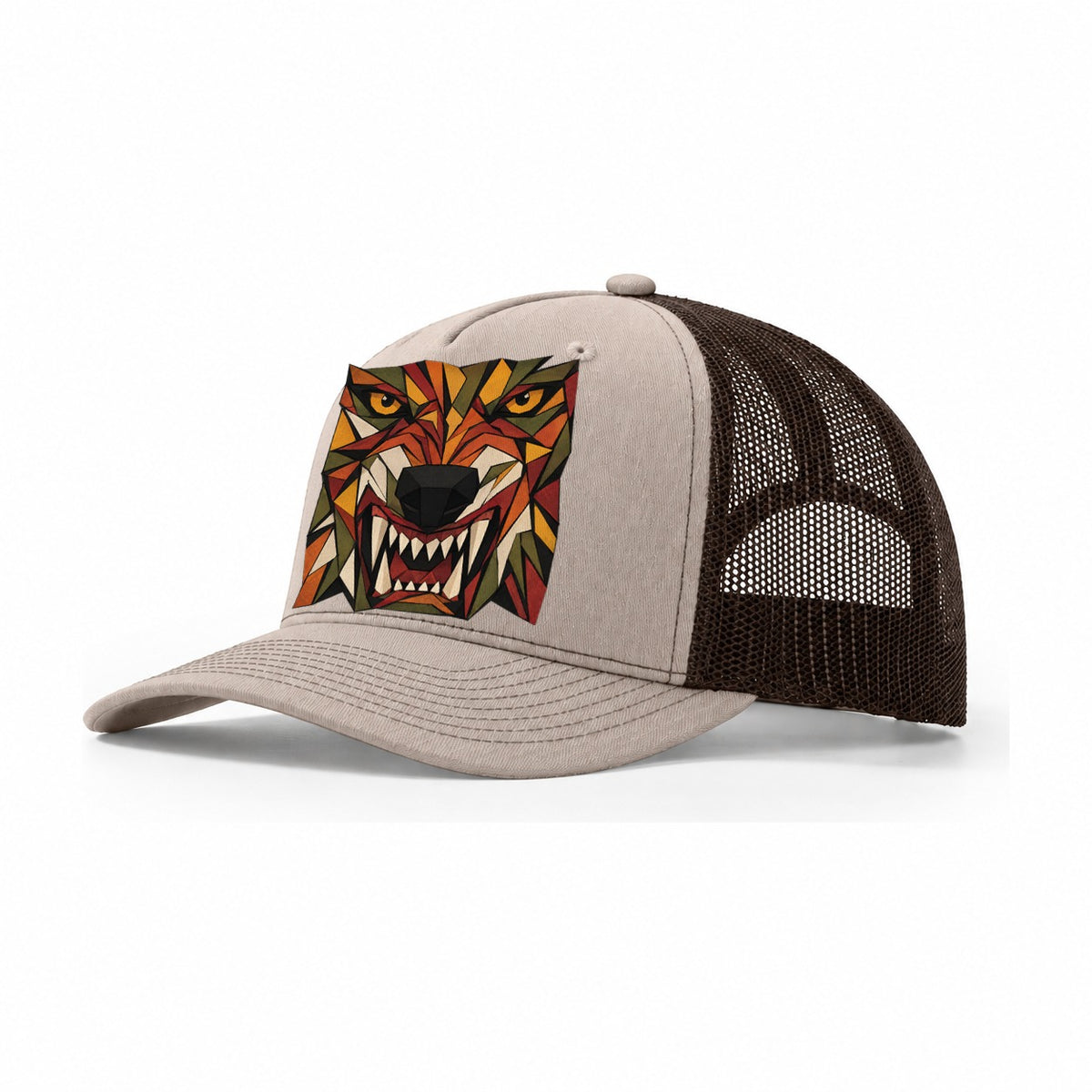 Wolf Snarl Close Up Trucker Hat – Khaki Brown