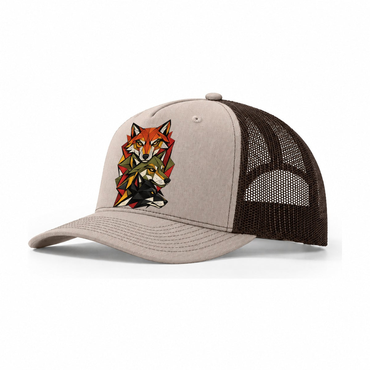 Three Wolf Faces Trucker Hat – Khaki Brown