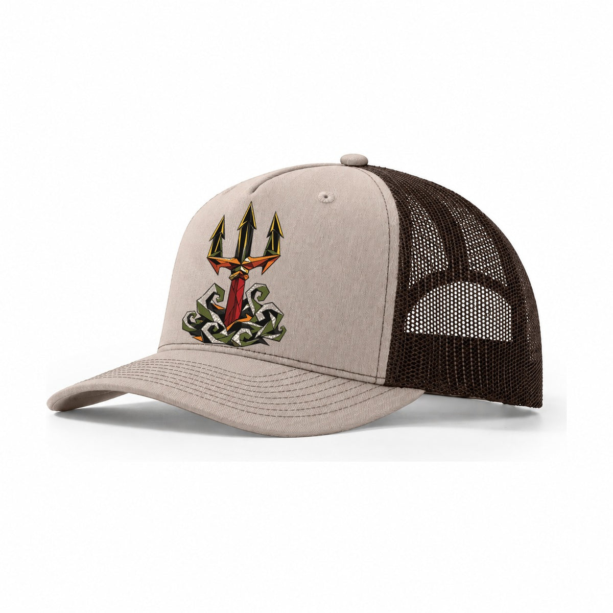 Neptune Raises His Trident Trucker Hat – Khaki Brown