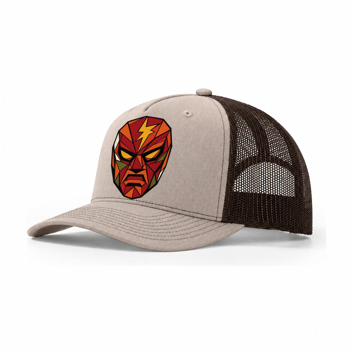 Masked Wrestler Portrait Trucker Hat – Khaki Brown