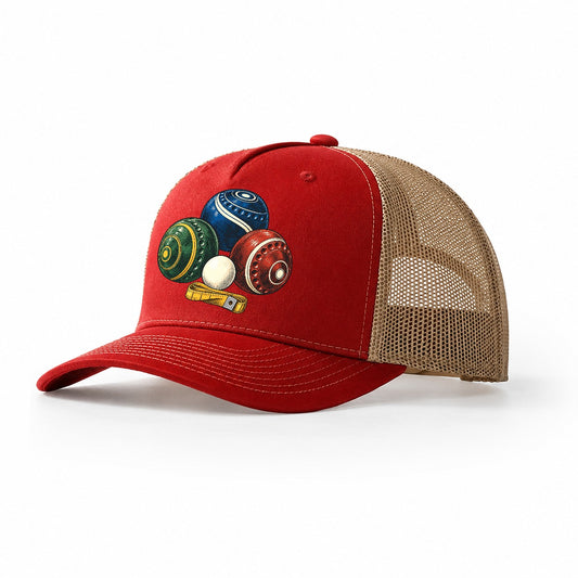 Lawn Bowls And White Jack Australia Cultural Icons Trucker Hat – Red Khaki
