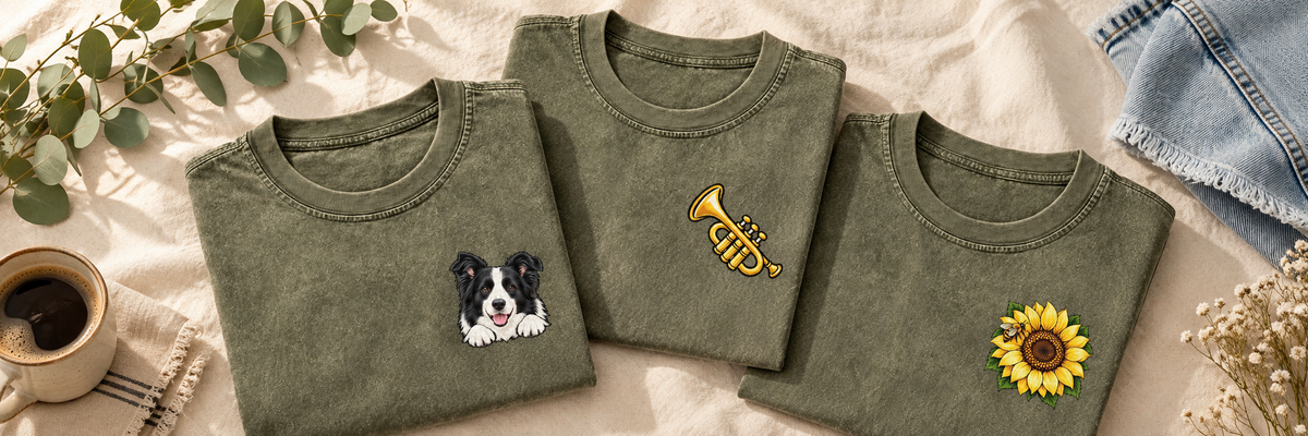 Border Collie, Golden Trumpet and Vintage Sunflower small left-chest prints on vintage-washed T-shirts