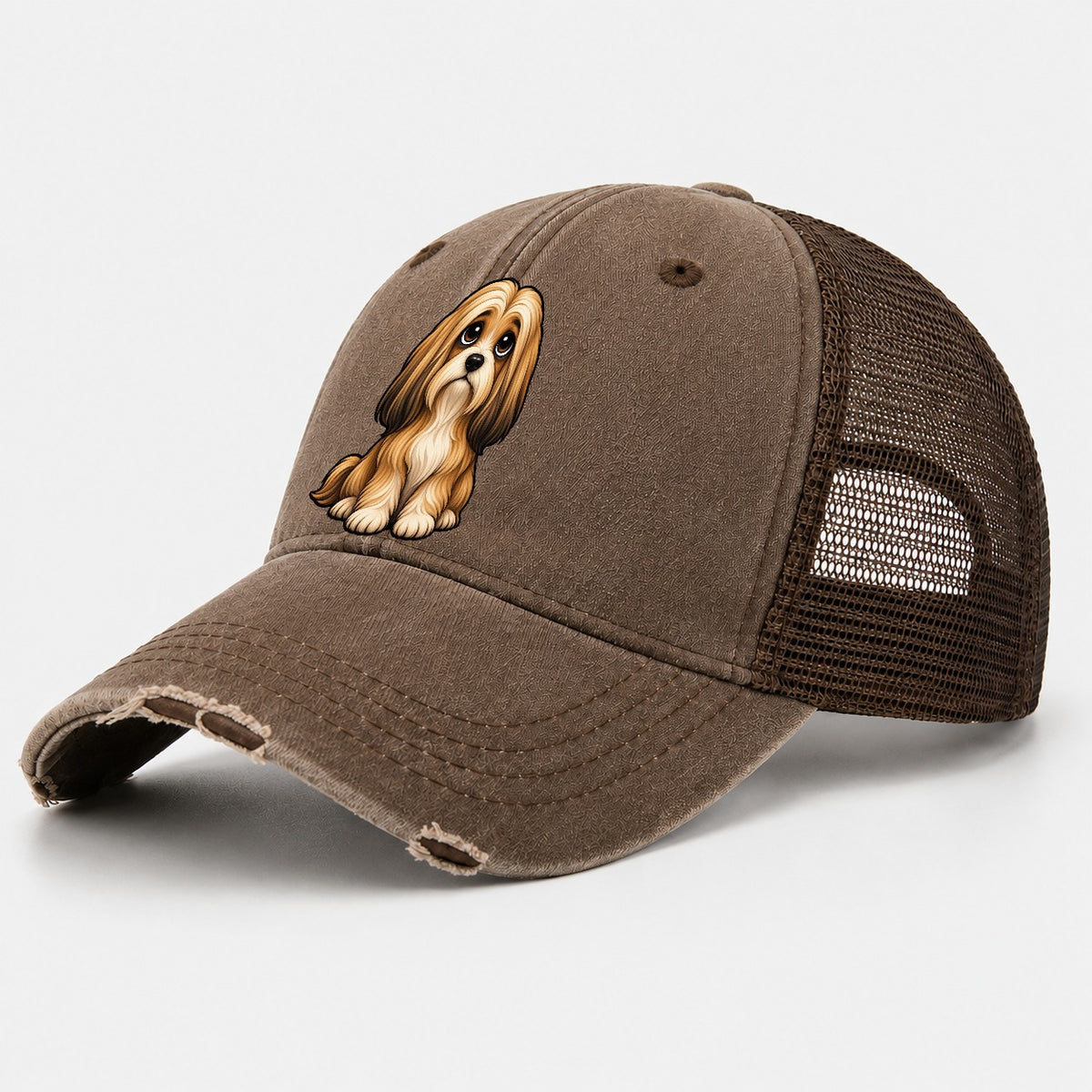 Lhasa Apso Sitting Sweetheart Washed Trucker Hat – Coffee