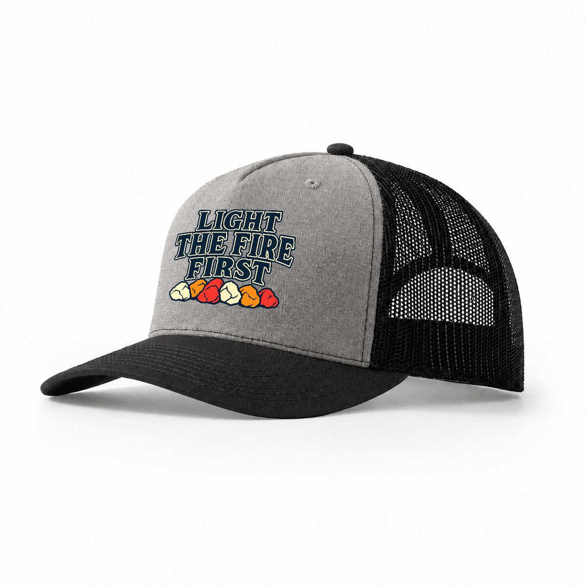 Light The Fire First Blacksmithing Trucker Hat – Grey Black