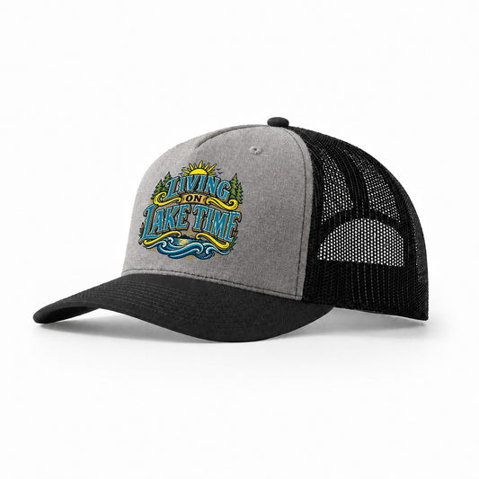 Living On Lake Time Retired Living Trucker Hat – Grey Black