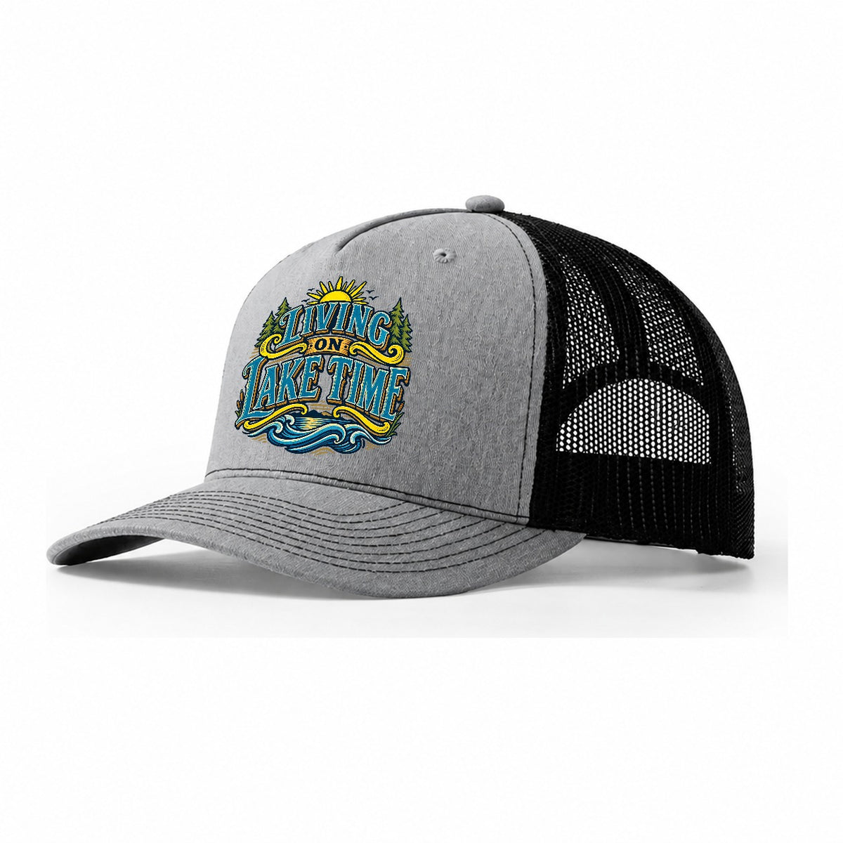 Living On Lake Time Retired Living Trucker Hat – Sport Grey Black