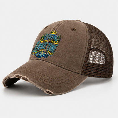 Living On Lake Time Retired Living Washed Trucker Hat – Coffee