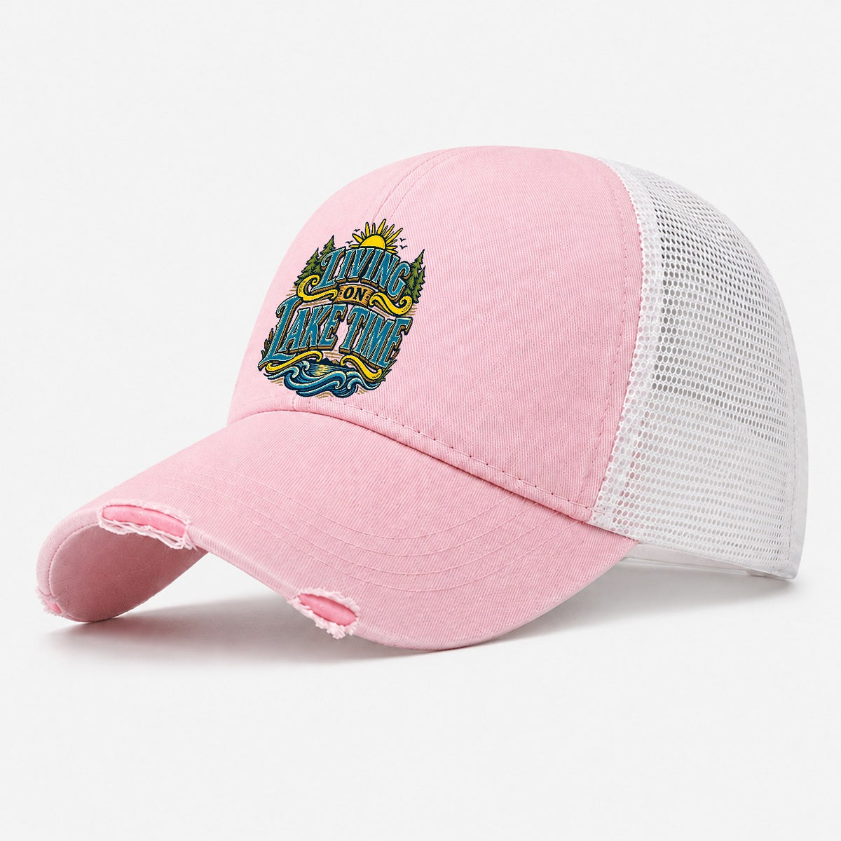 Living On Lake Time Retired Living Washed Trucker Hat – Light Pink