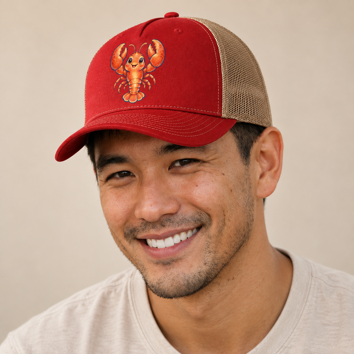 Lobster Front Claw Cheer Sea Sprite Trucker Hat — studio model wearing the hat