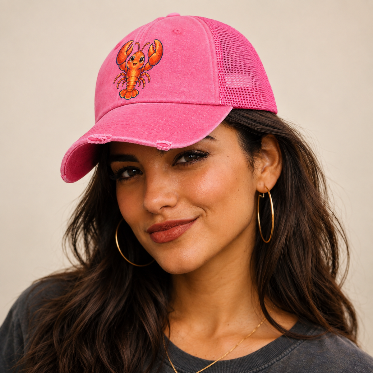 Lobster Front Claw Cheer Sea Sprite Washed Trucker Hat — studio model wearing the hat