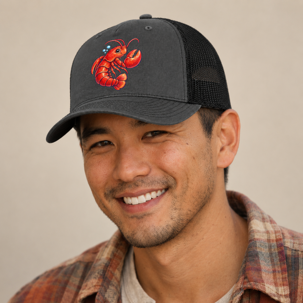 Lobster Tail Curl Sea Sprite Trucker Hat — studio model wearing the hat