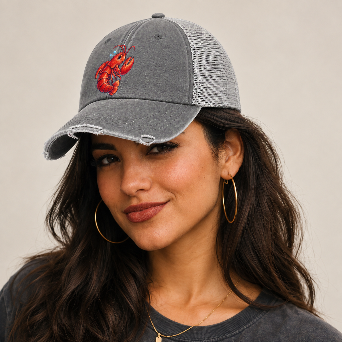 Lobster Tail Curl Sea Sprite Washed Trucker Hat — studio model wearing the hat