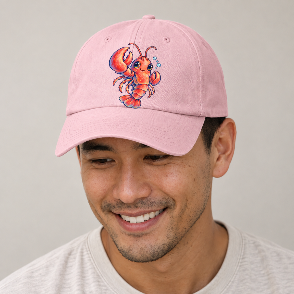 Lobster Three Quarter Float Sea Sprite Baseball Cap — studio model wearing the hat