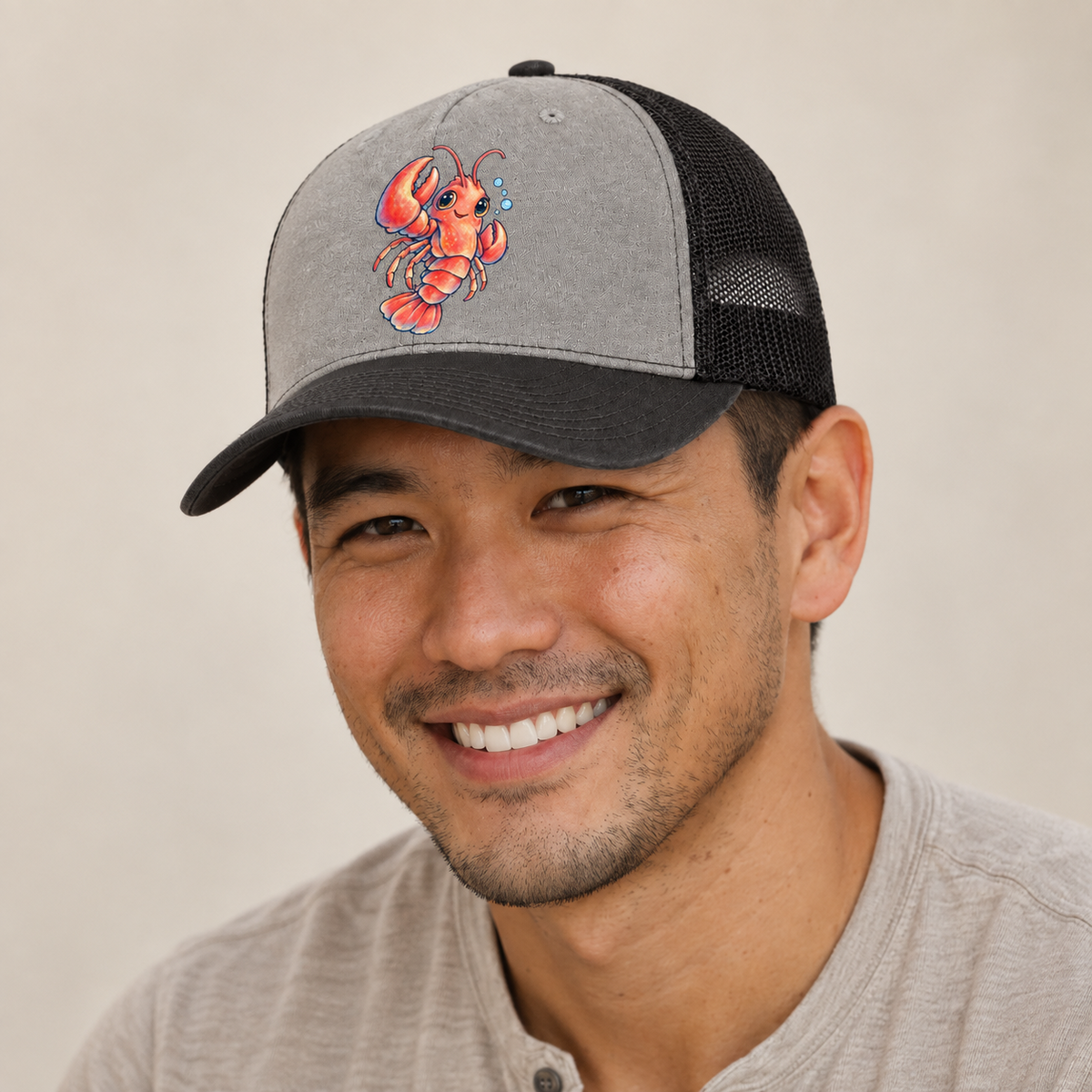Lobster Three Quarter Float Sea Sprite Trucker Hat — studio model wearing the hat