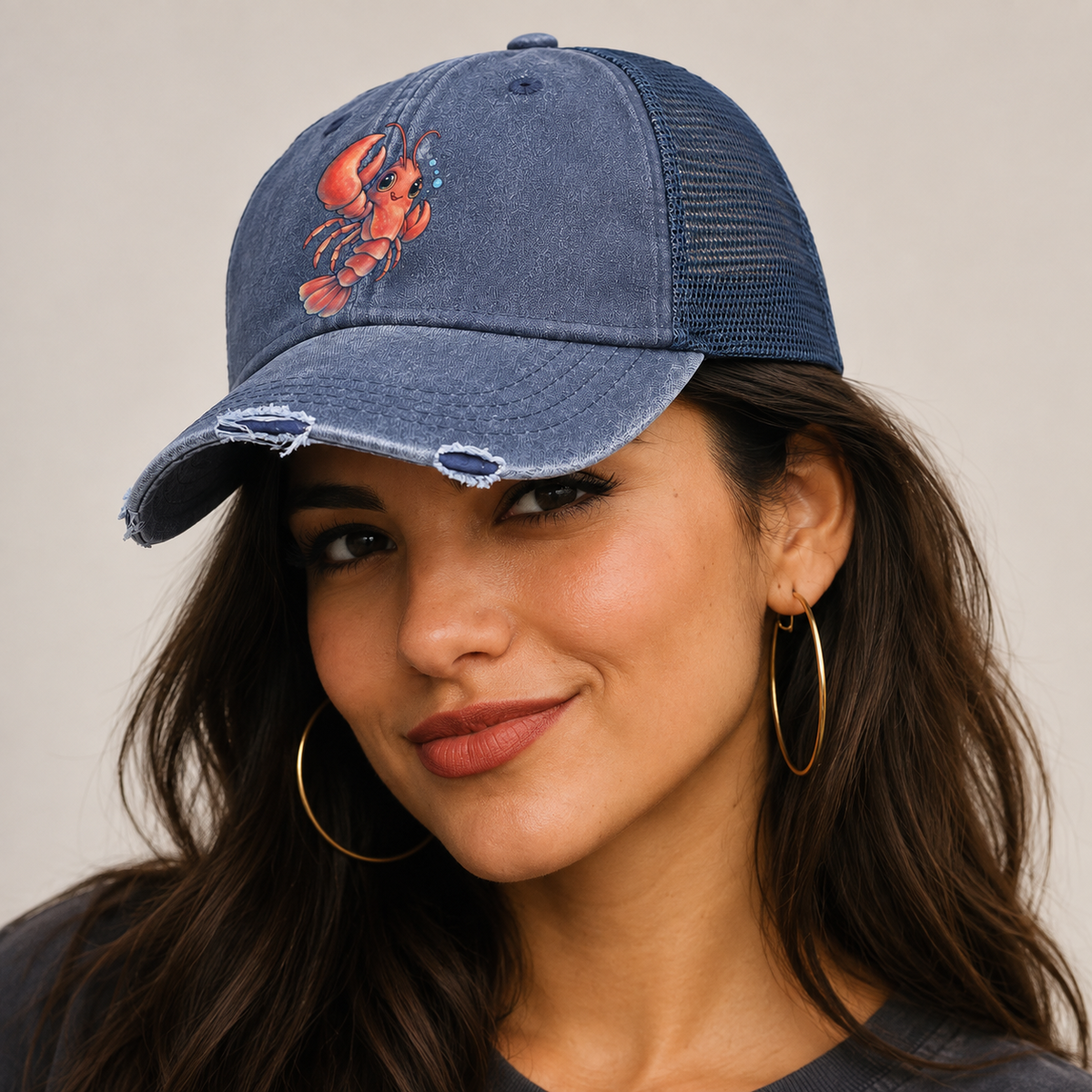 Lobster Three Quarter Float Sea Sprite Washed Trucker Hat — studio model wearing the hat