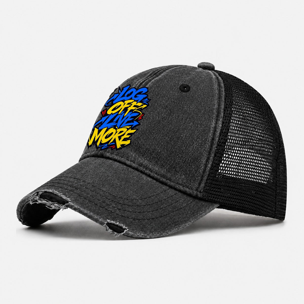 Log Off Live More Tee Graphic Washed Trucker Hat – Black