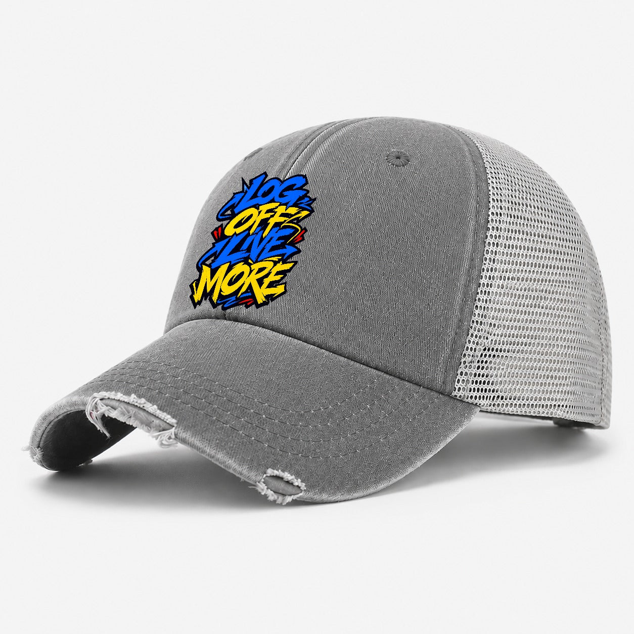 Log Off Live More Tee Graphic Washed Trucker Hat – Grey