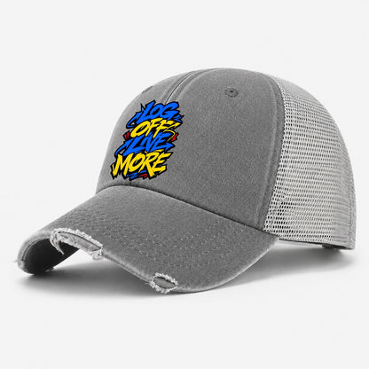 Log Off Live More Tee Graphic Washed Trucker Hat – Grey