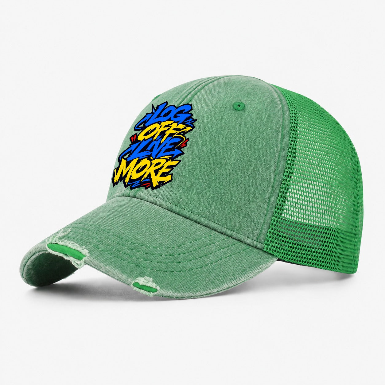 Log Off Live More Tee Graphic Washed Trucker Hat – Ink Green
