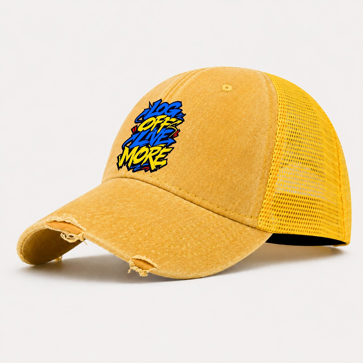 Log Off Live More Tee Graphic Washed Trucker Hat – Yellow