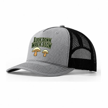 Look Down Walk Slow Foraging And Mycology Trucker Hat – Sport Grey Black