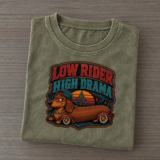 Low Rider High Drama Dachshund Vintage T-shirt – Army Green