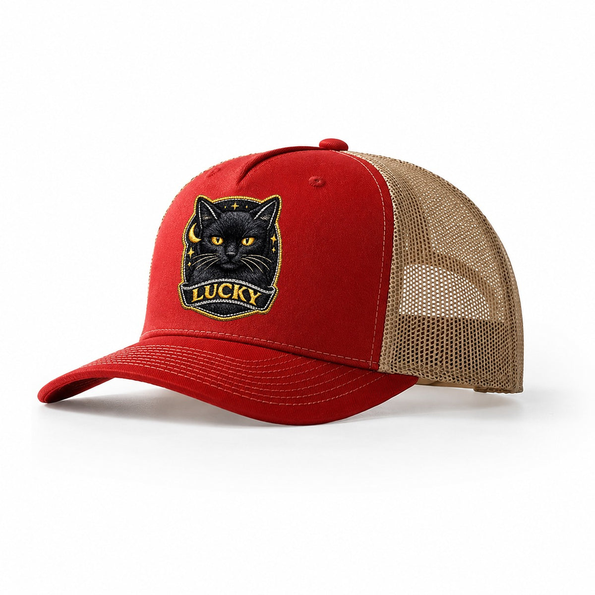 Lucky Black Cat Badge 064dd1 Trucker Hat – Red-Khaki