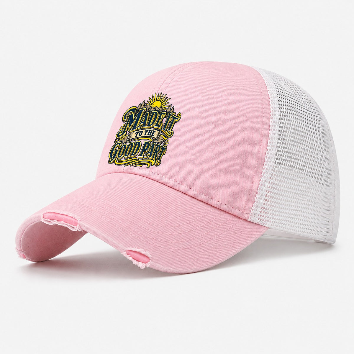 Made It To The Good Part Retired Living Washed Trucker Hat – Light Pink