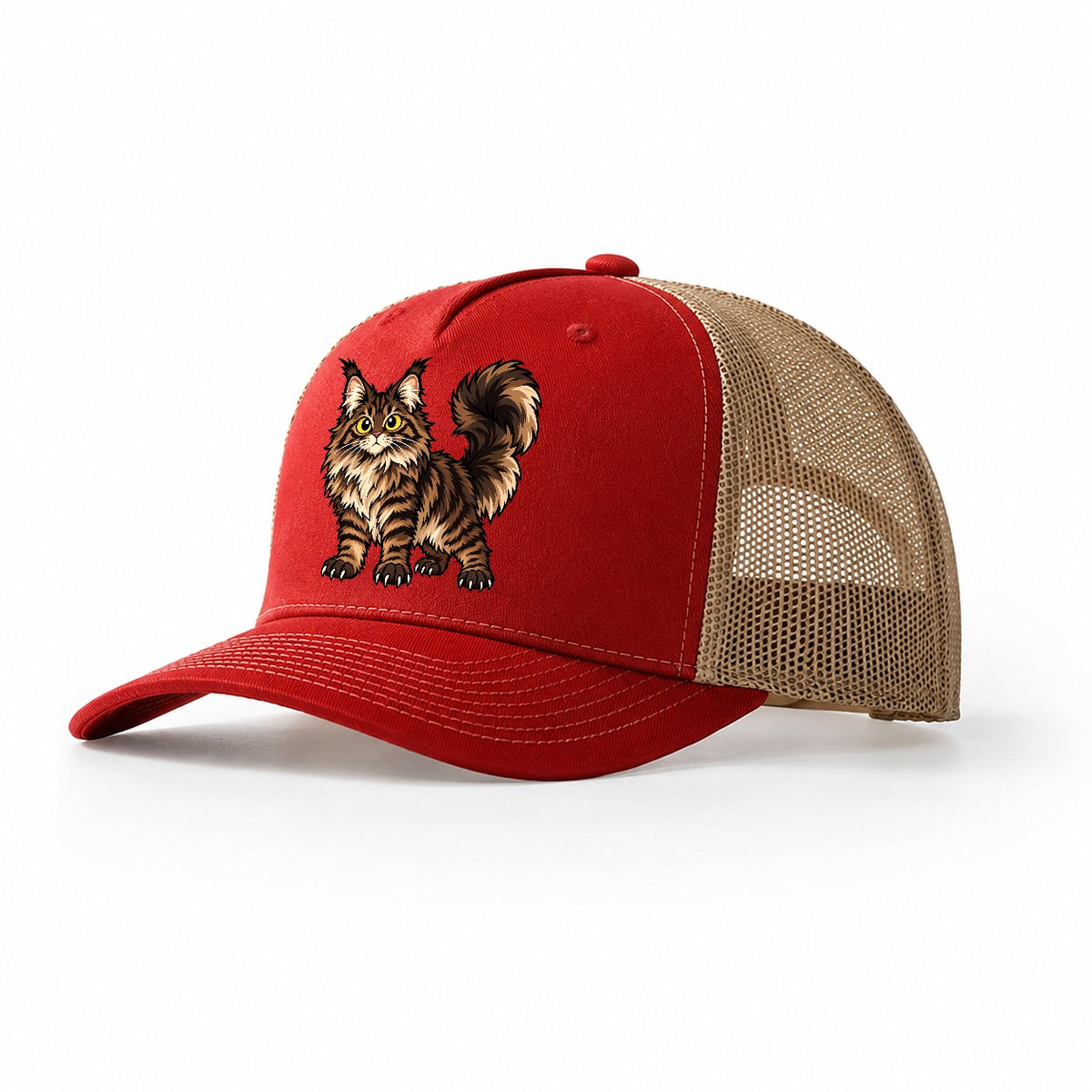 Maine Coon Standing Proud Peeking Cats Trucker Hat – Red Khaki